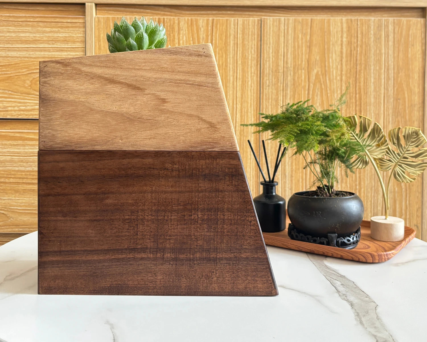 Black walnut vase pet urn actual display on table