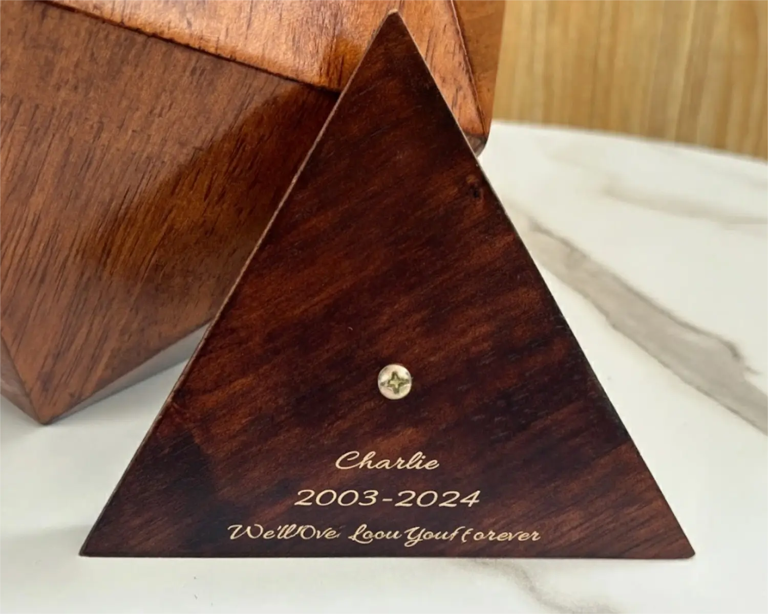 Black Walnut Icosahedron Pet Urn Customized Content Engraving Display