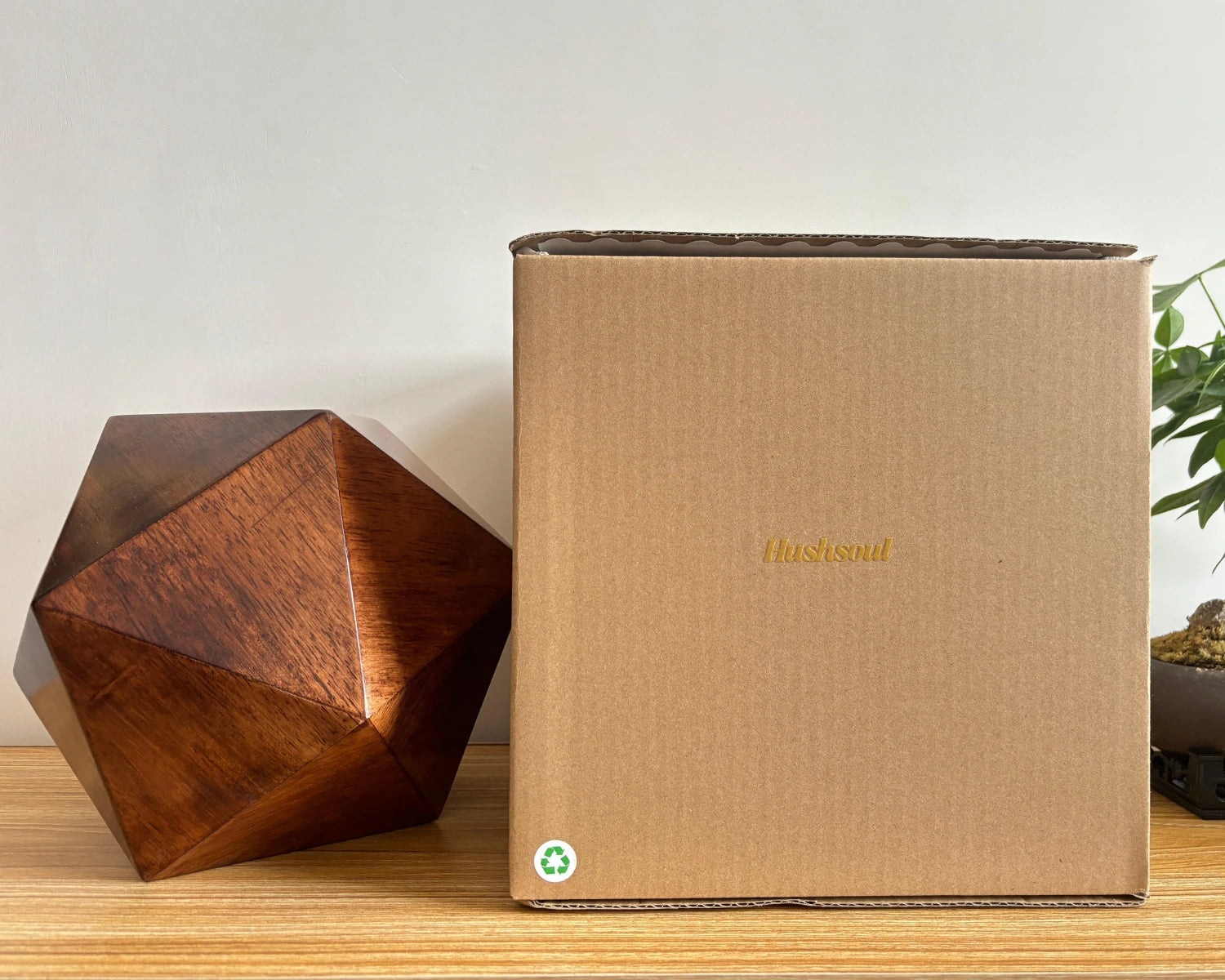 Black walnut icosahedral pet urn physical display and reusable packaging display