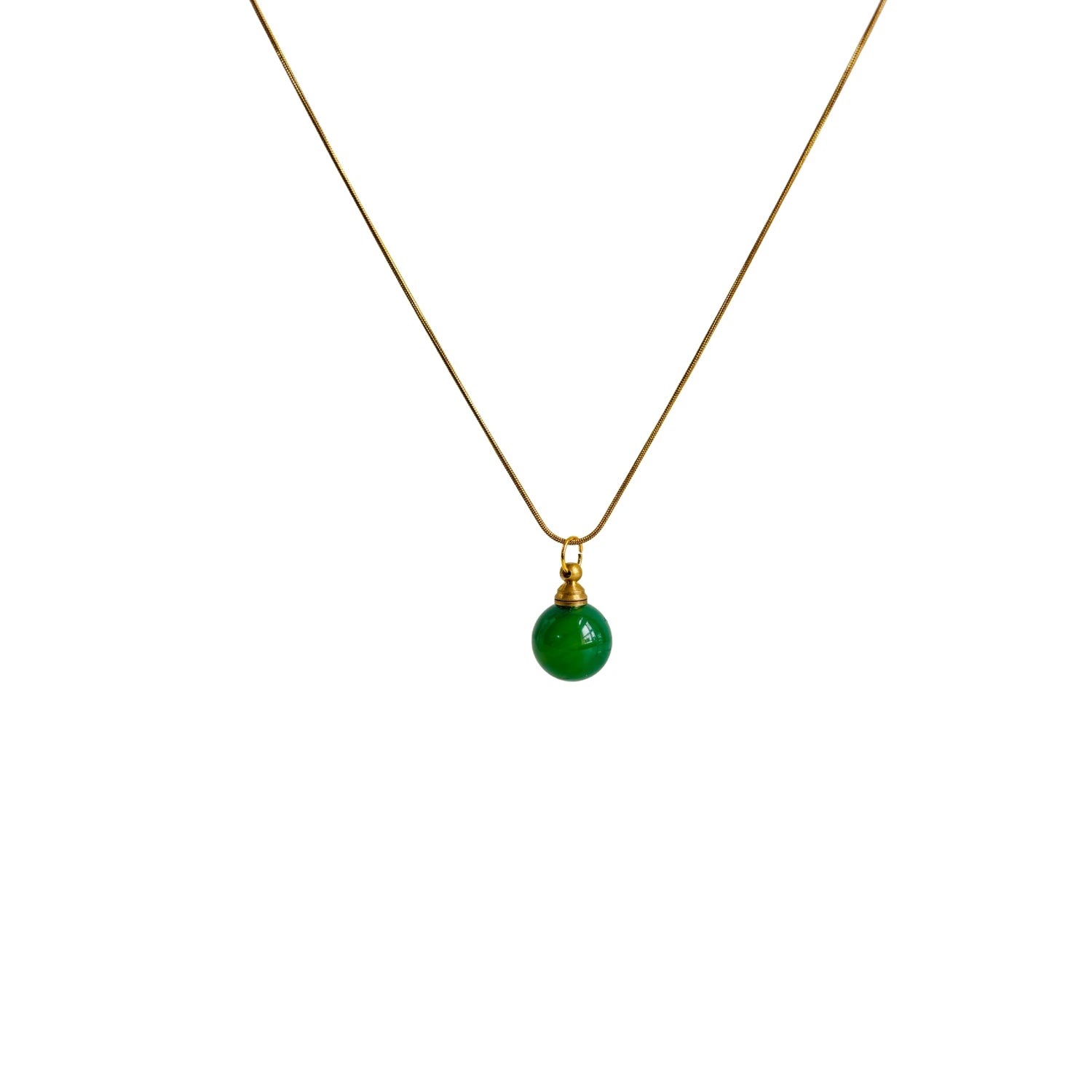Natural green agate urn necklace with round gemstone pendant on gold-tone chain, minimalist memorial keepsake on white background.