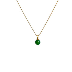 Natural green agate urn necklace with round gemstone pendant on gold-tone chain, minimalist memorial keepsake on white background.