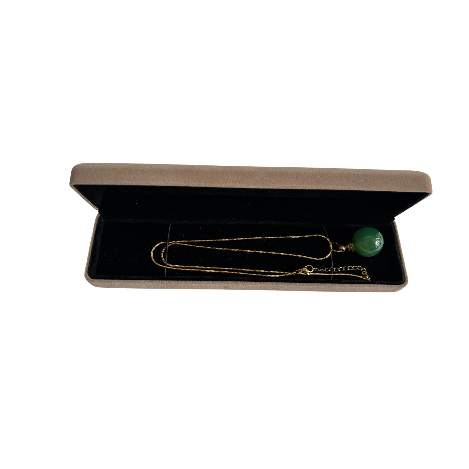 Gold chain green agate urn necklace presented inside a velvet jewellery box, ideal sympathy or memorial gift.