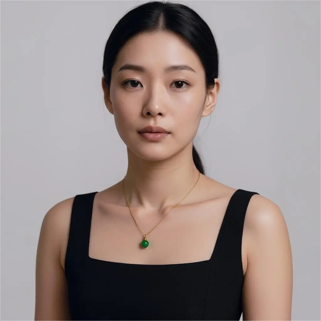 Model wearing green agate urn necklace, simple gold chain resting close to heart, elegant cremation jewellery style.