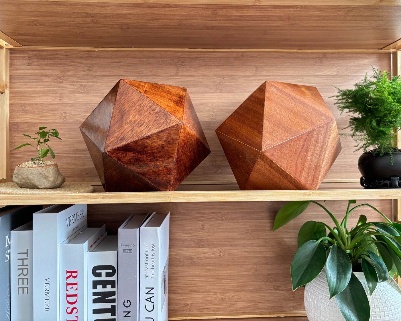 Two icosahedral urns were placed on the shelf, next to books and flowers.