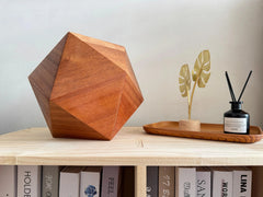 Lyra pet urn, Sapele icosahedron, on a bookcase in a bright home environment.