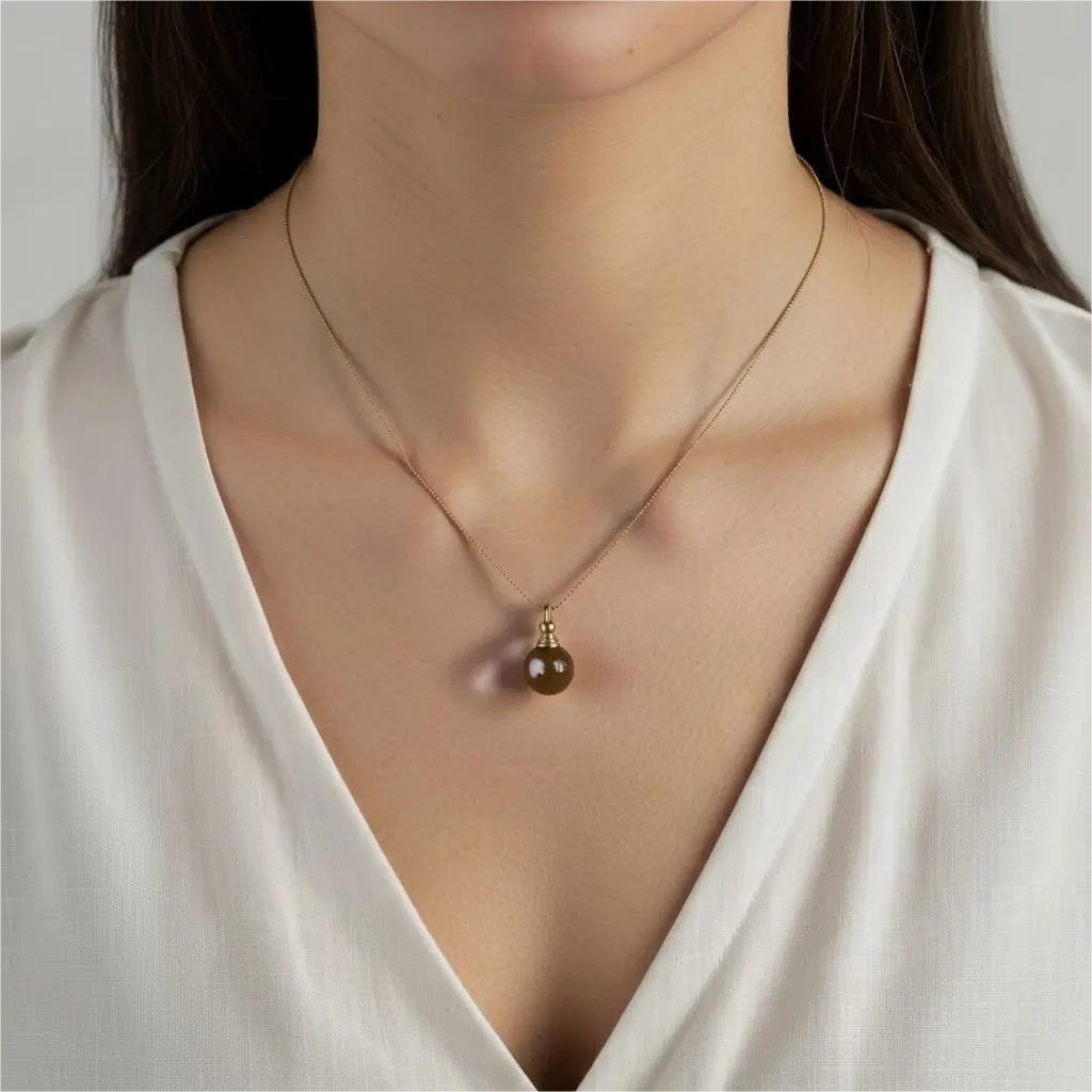 Model wearing natural yellow agate urn necklace, minimal and elegant memorial jewellery for healing and remembrance.