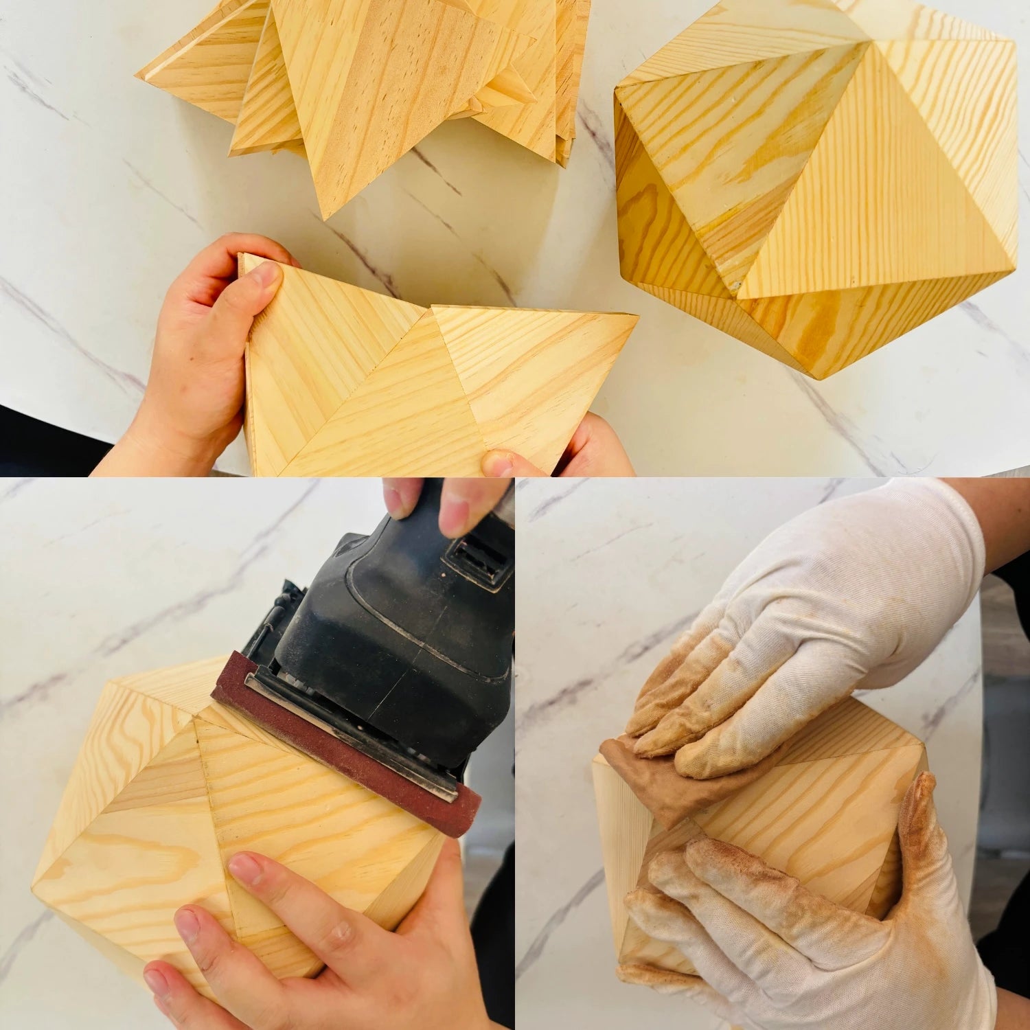 The process of hand-making an icosahedron pet urn: assembling the triangle, polishing, and oiling.
