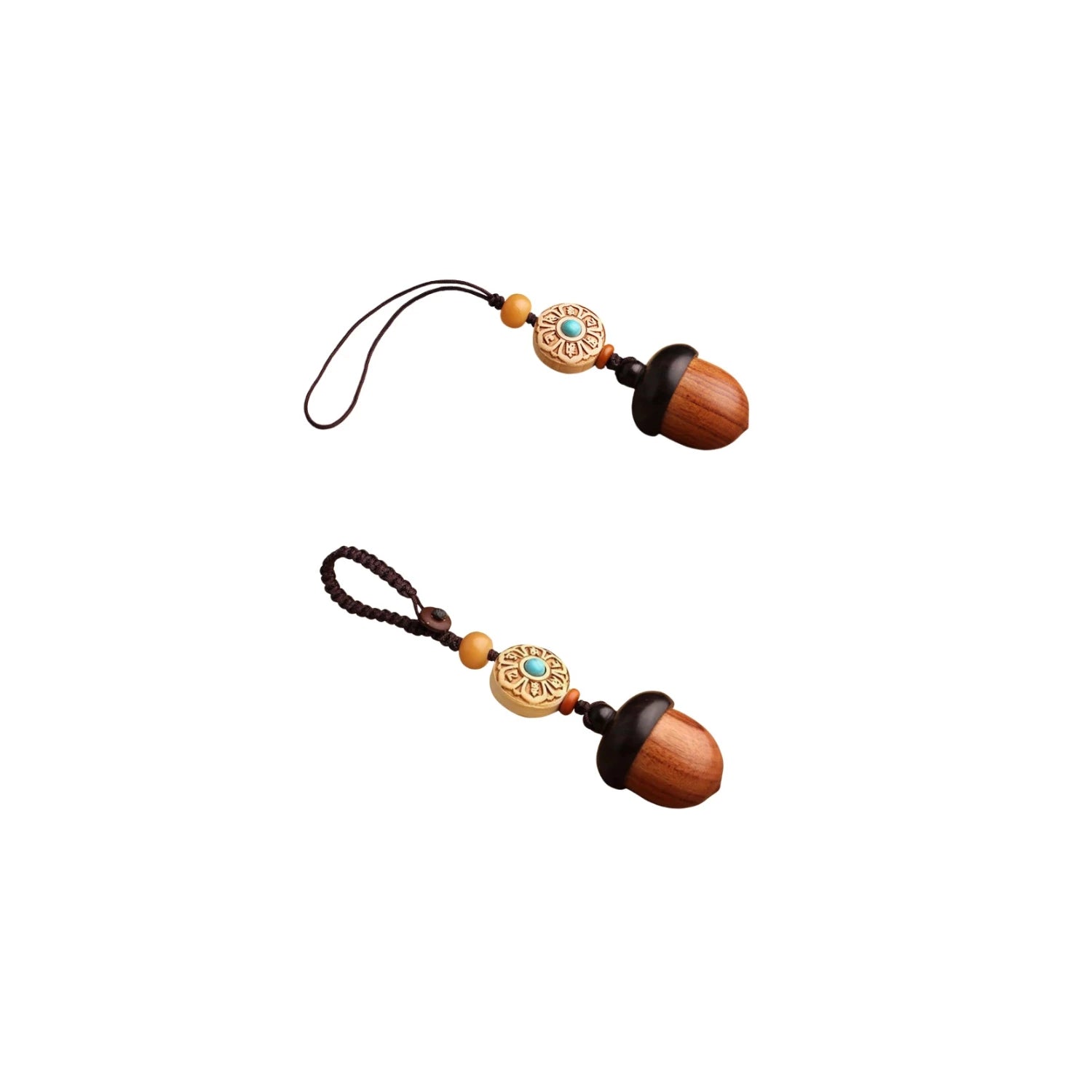 Pair of pine-cone style wooden urn keychains, acorn silhouette with turquoise-pattern bead and loop strap — mini ashes keepsake