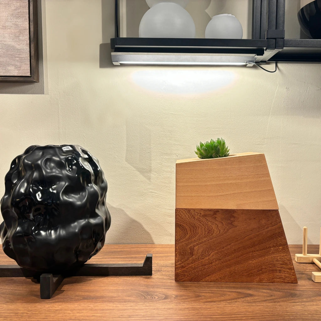 sapele vase urn — geometric wood urn on sideboard, lifestyle scene