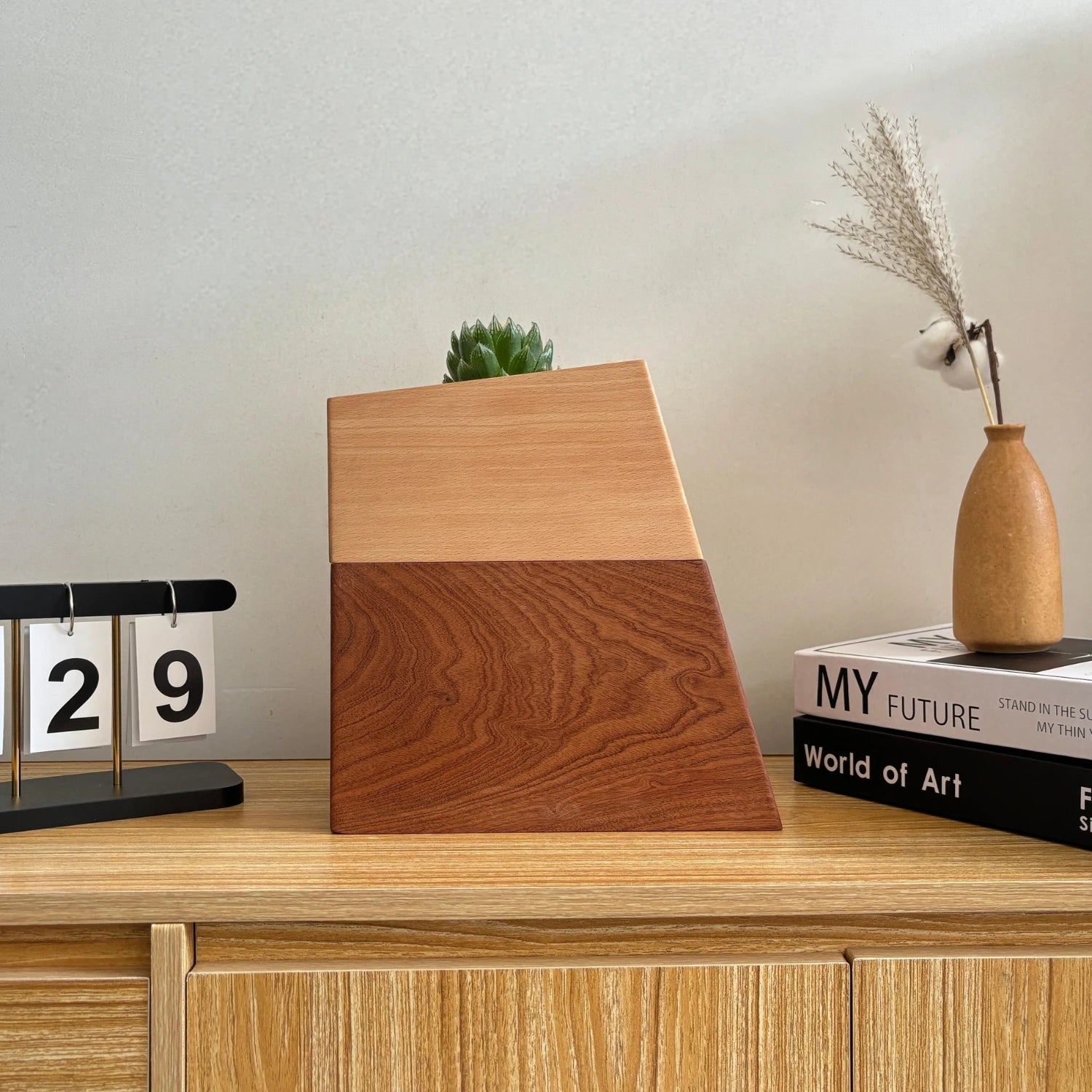 Sapele vase pet urn placed on cabinet for real-life display