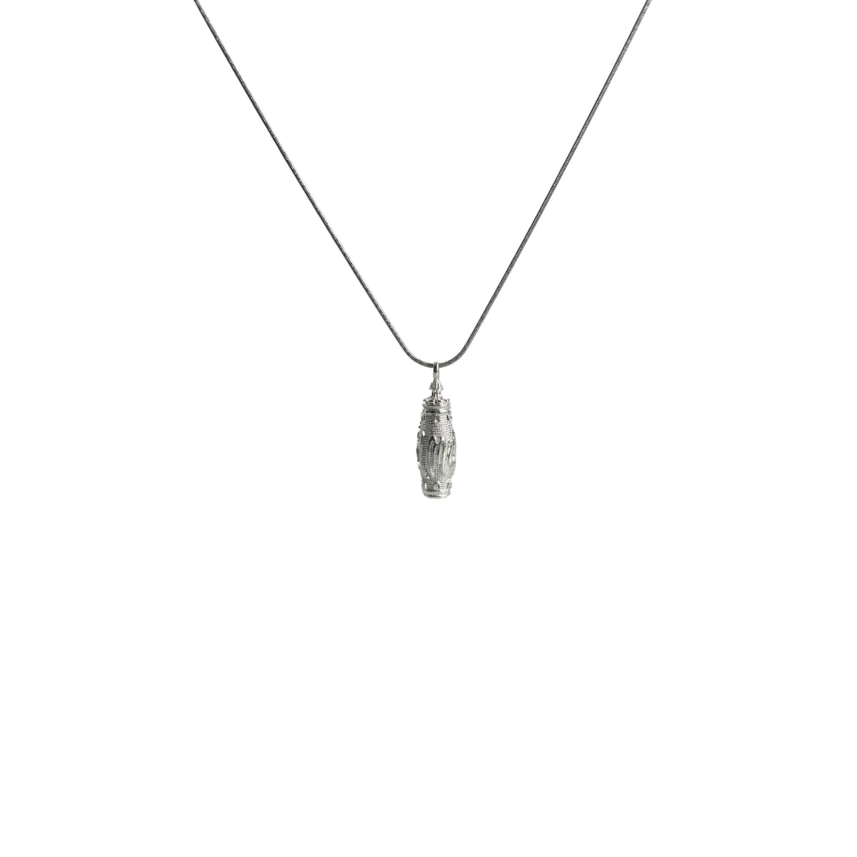 Snow Ridge micro-engraved ashes necklace — sterling-silver urn pendant on snake chain, product shot on white background.