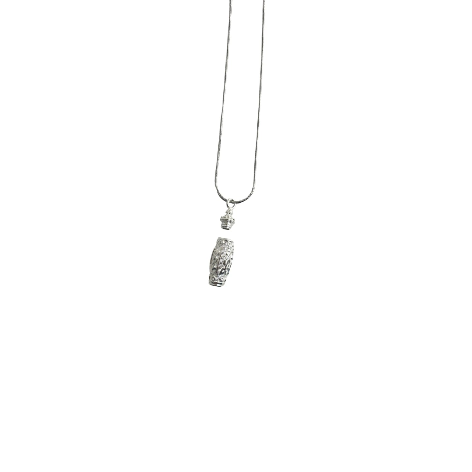 Snow Ridge micro-engraved ashes necklace — screw-top open to show inner ashes chamber; sterling-silver urn pendant close-up.