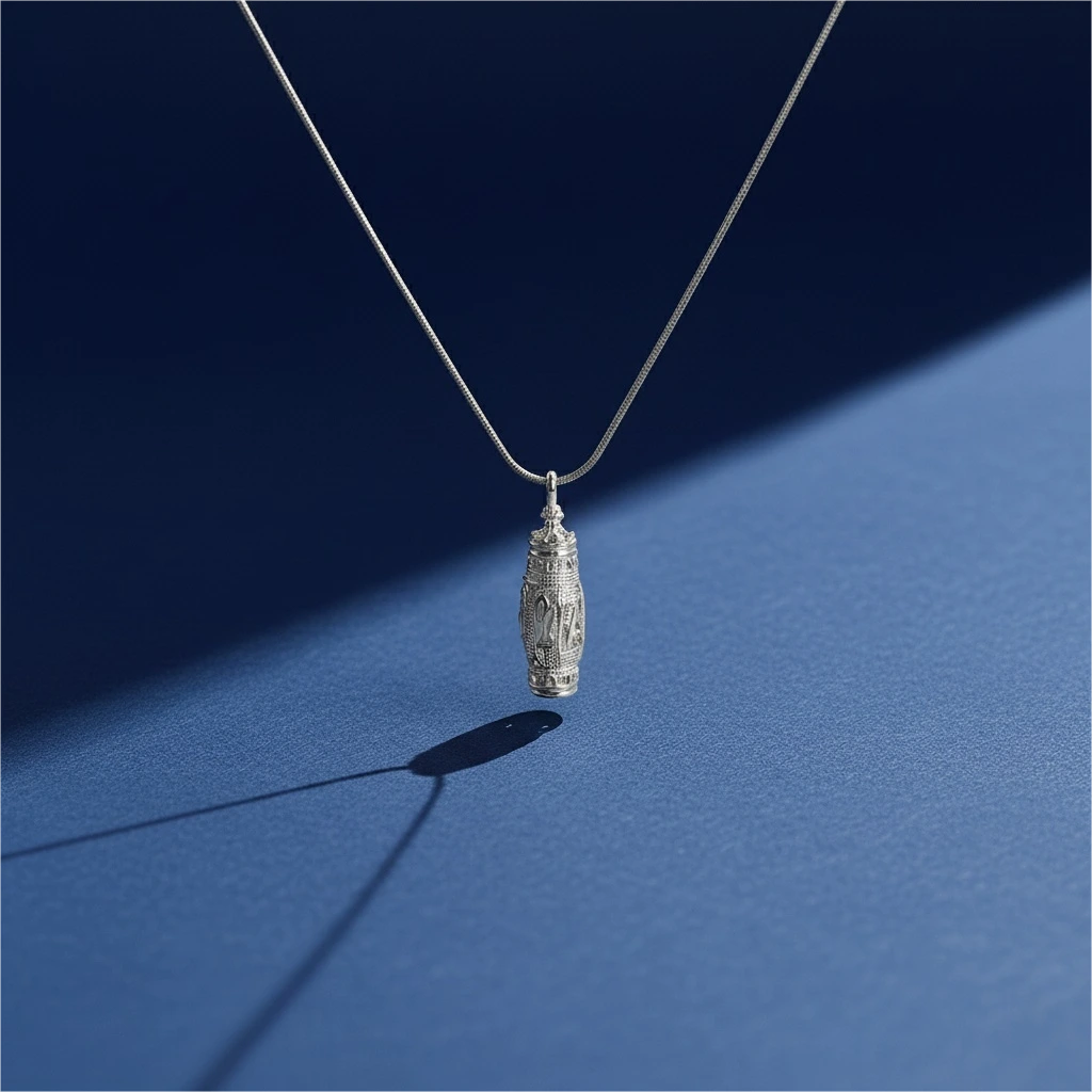 Snow Ridge micro-engraved ashes necklace — sterling-silver urn pendant on blue backdrop with soft side light and shadow.