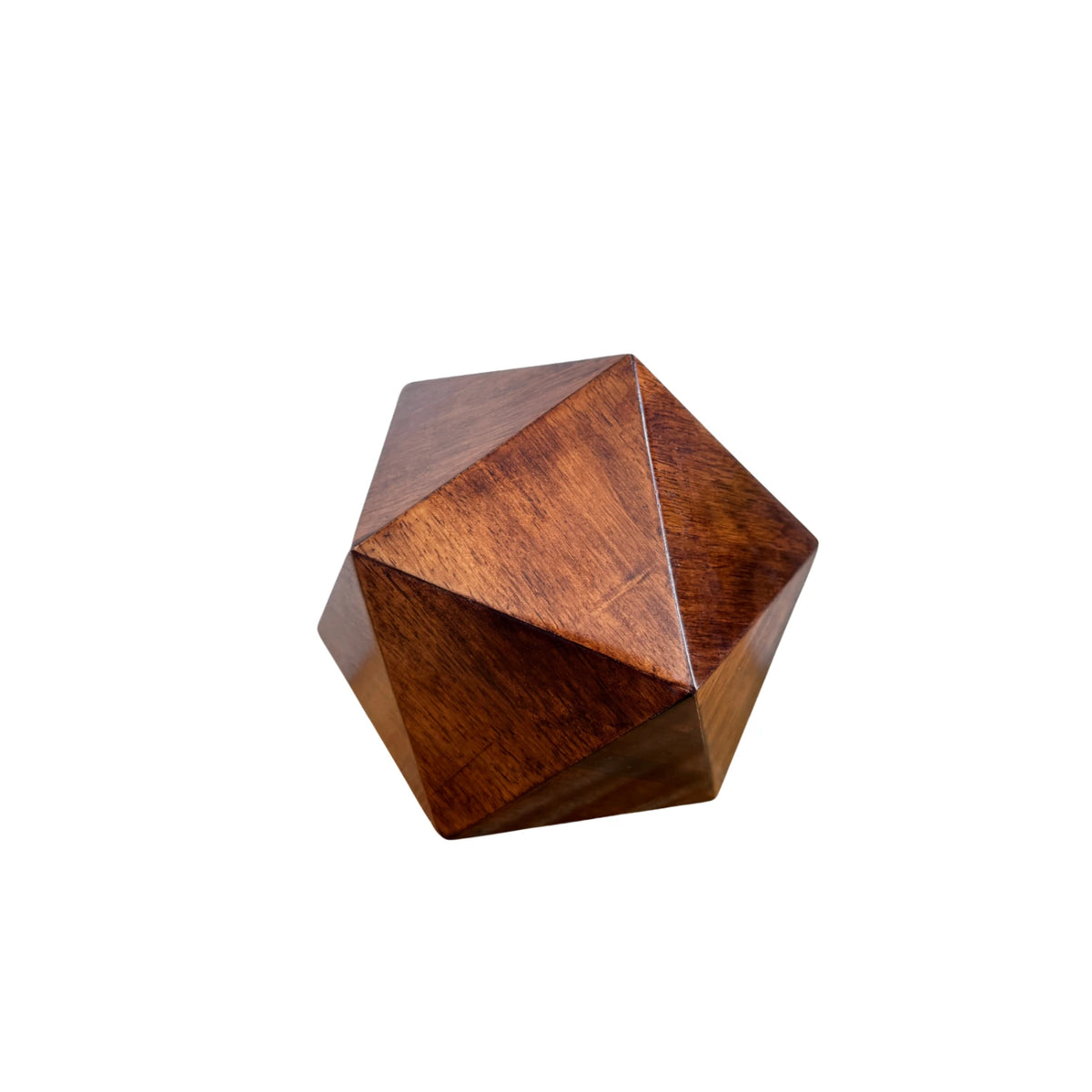 Solace Pet Urn — handmade walnut icosahedron pet urn for ashes, closed view