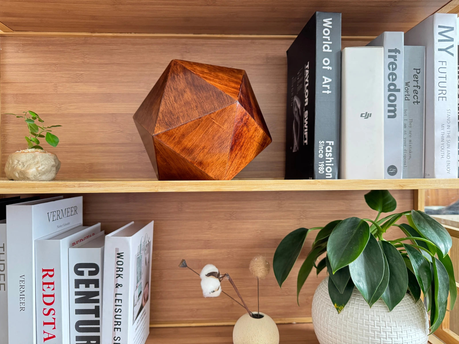 Solace Pet Urn — walnut wooden pet urn for ashes placed on a cabinet with decor