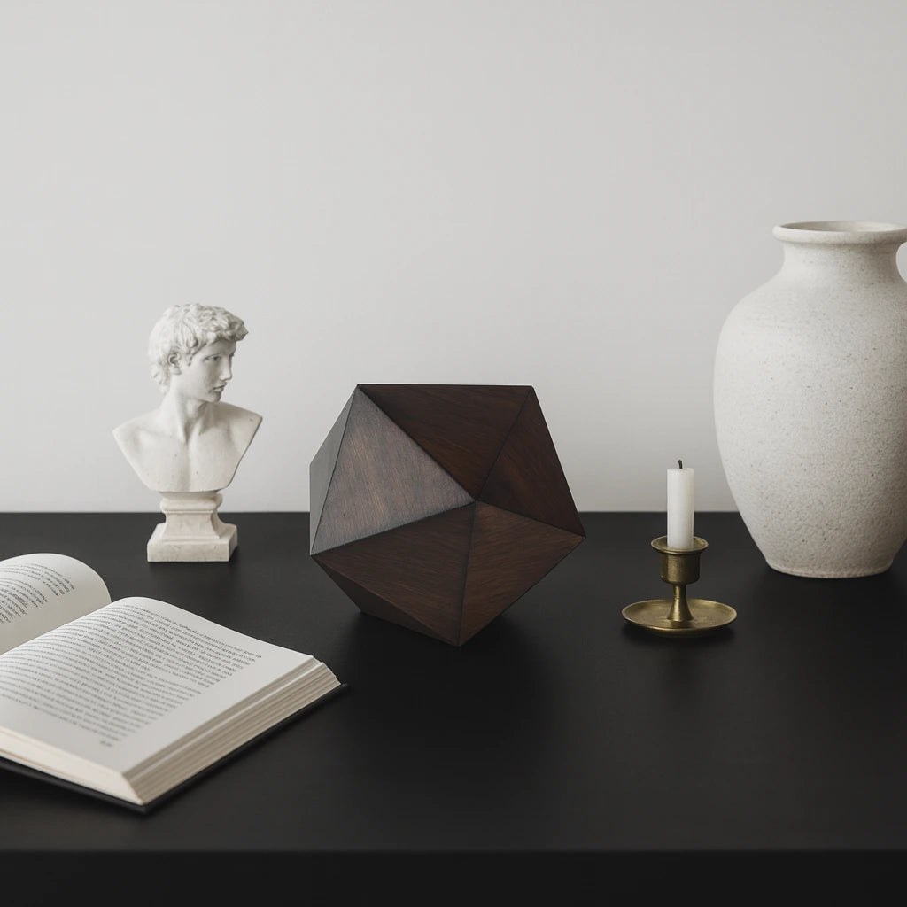 about us – walnut icosahedron pet urn styled on desk