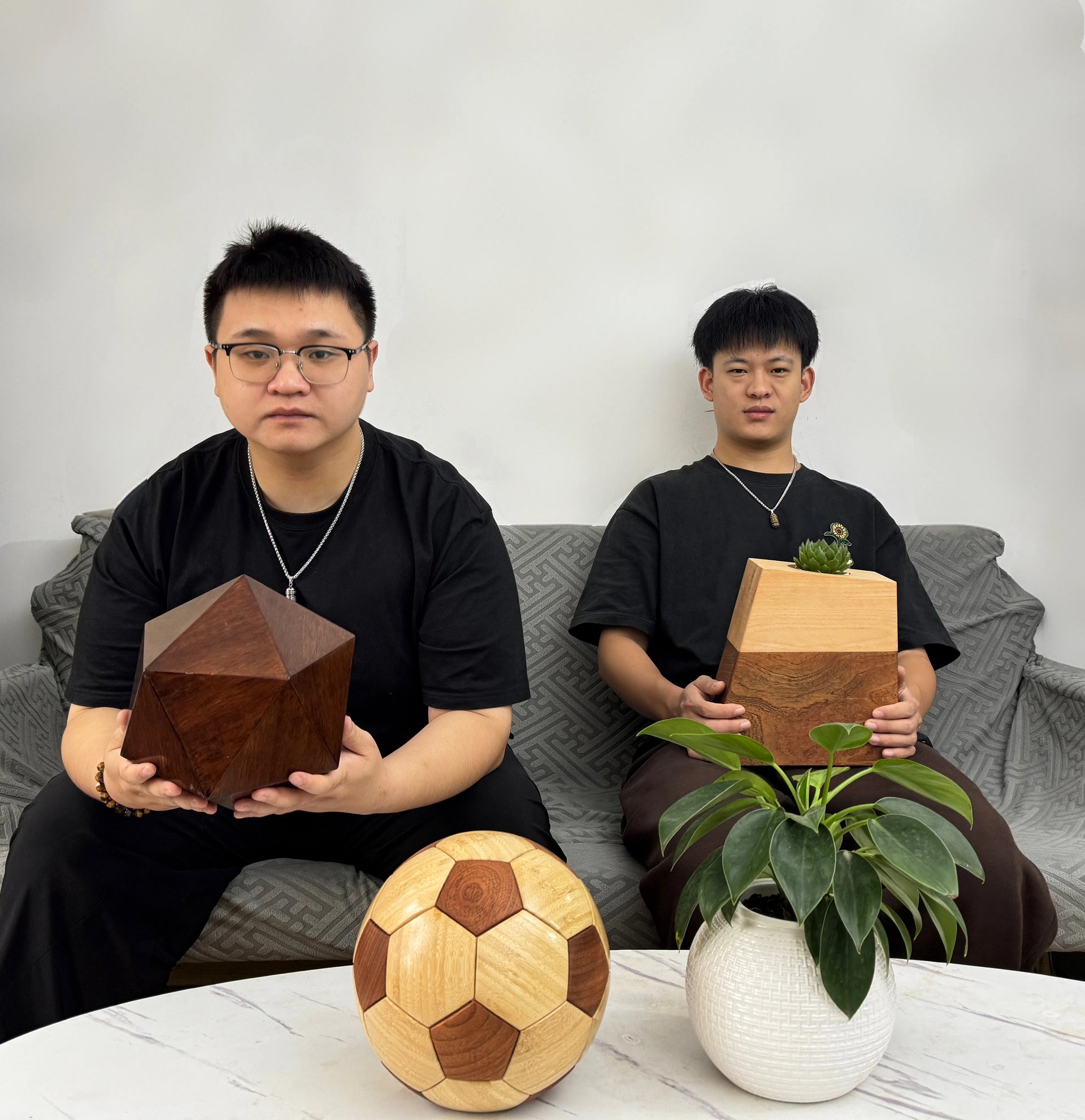 about us – Hushsoul founders with handcrafted wooden pet urns