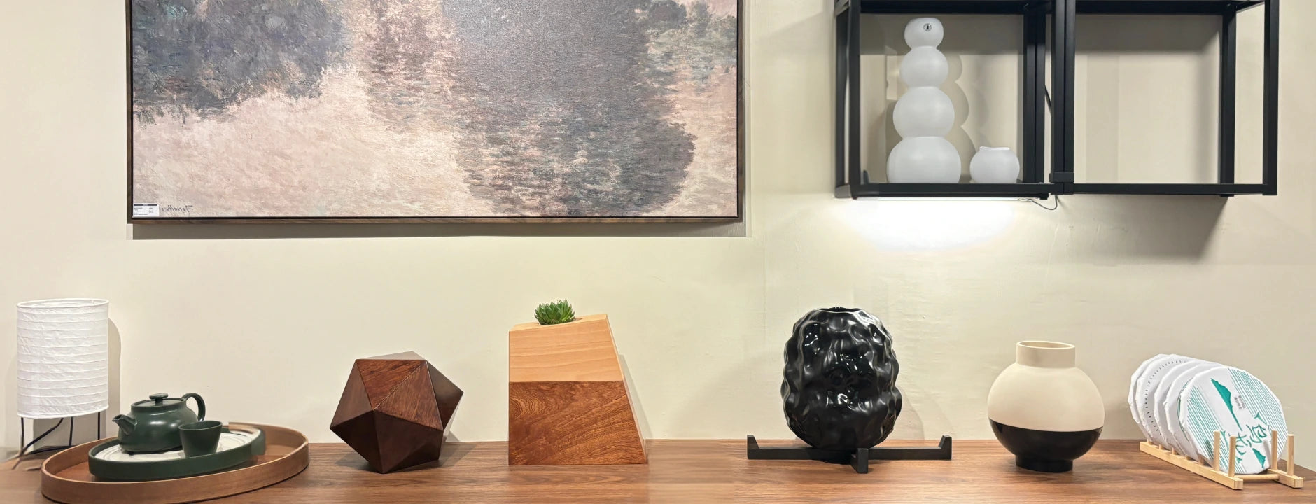 Hushsoul urns styled on sideboard, icosahedron + planter urn in modern home