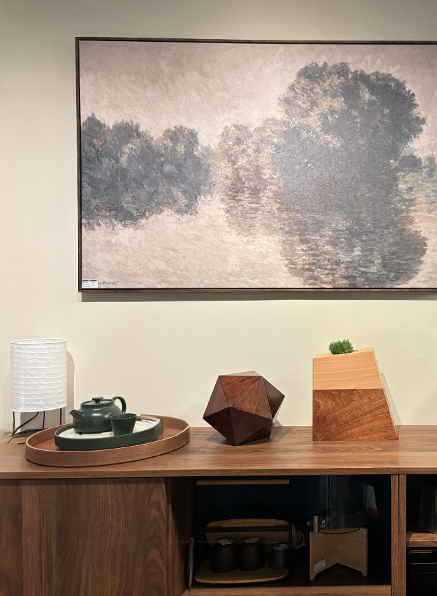 Hushsoul wooden pet urns on wood cabinet, geometric and planter urn under wall art