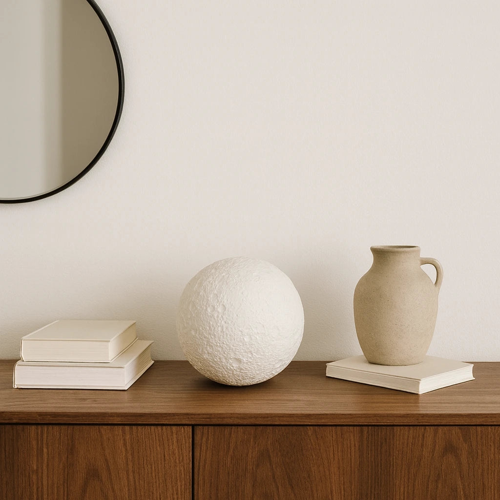 Bio Urn — lunar sphere urn on walnut cabinet, minimalist home display