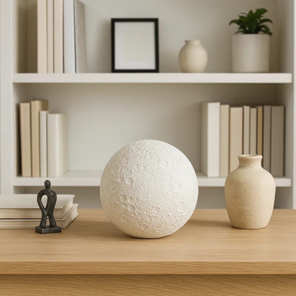 Bio Urn — eco-friendly moon cremation urn on bookshelf with neutral decor