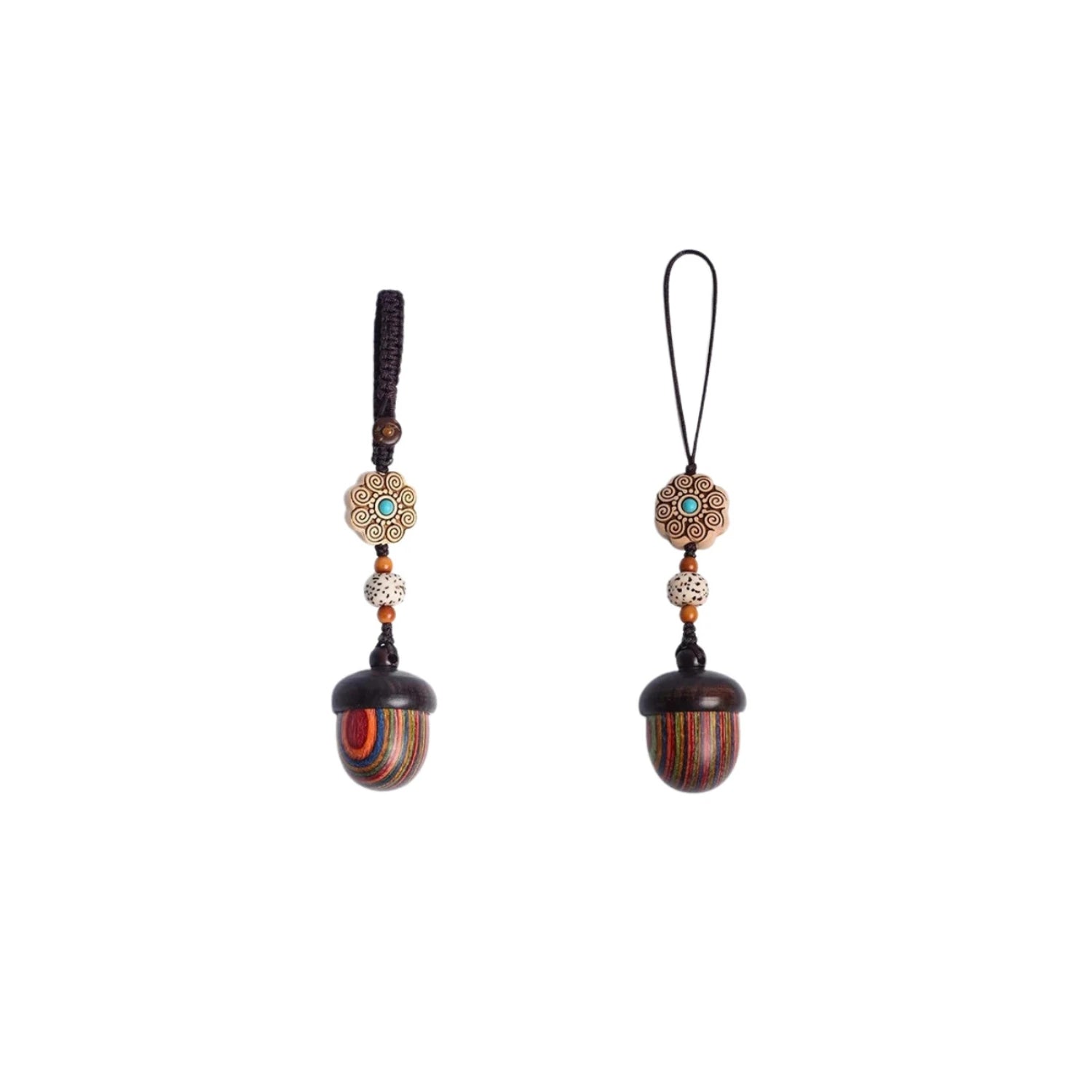Colour-layered acorn mini urn keychains in a paired set, with patterned bead and braided loop — portable ashes keepsake