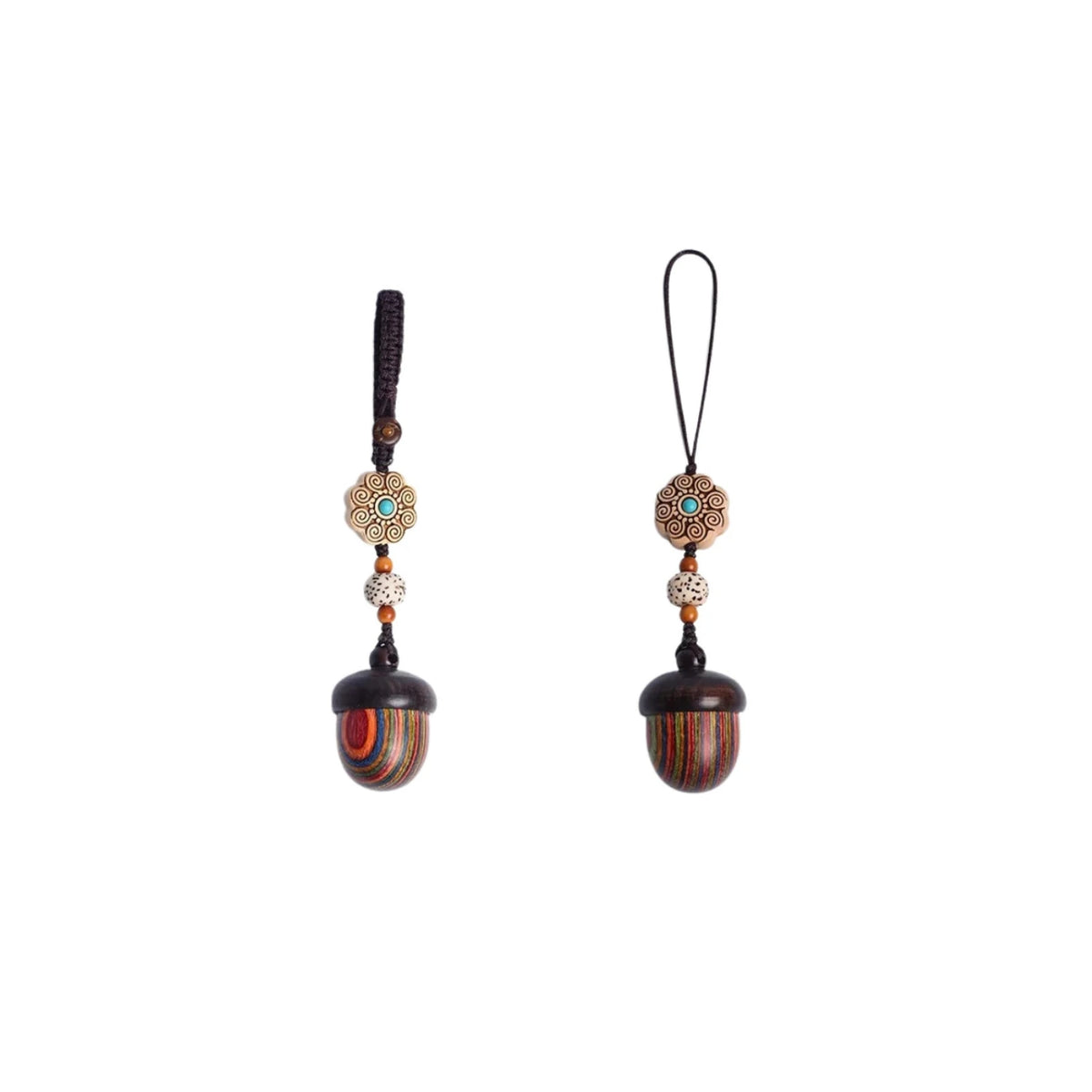 Colour-layered acorn mini urn keychains in a paired set, with patterned bead and braided loop — portable ashes keepsake